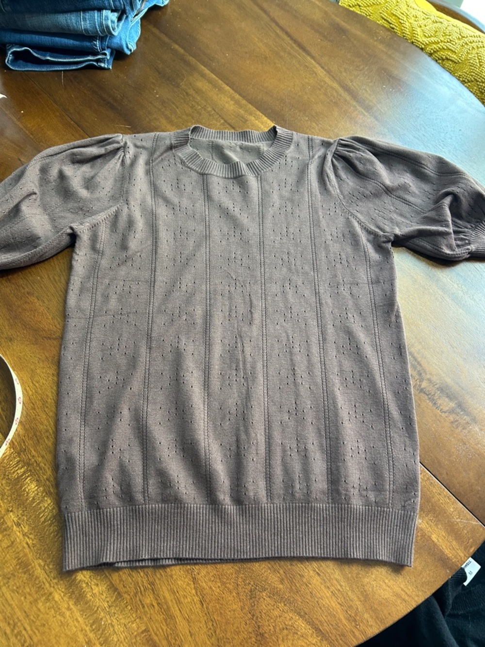 Women's Brown Crewneck Eyelet Knit Sweater